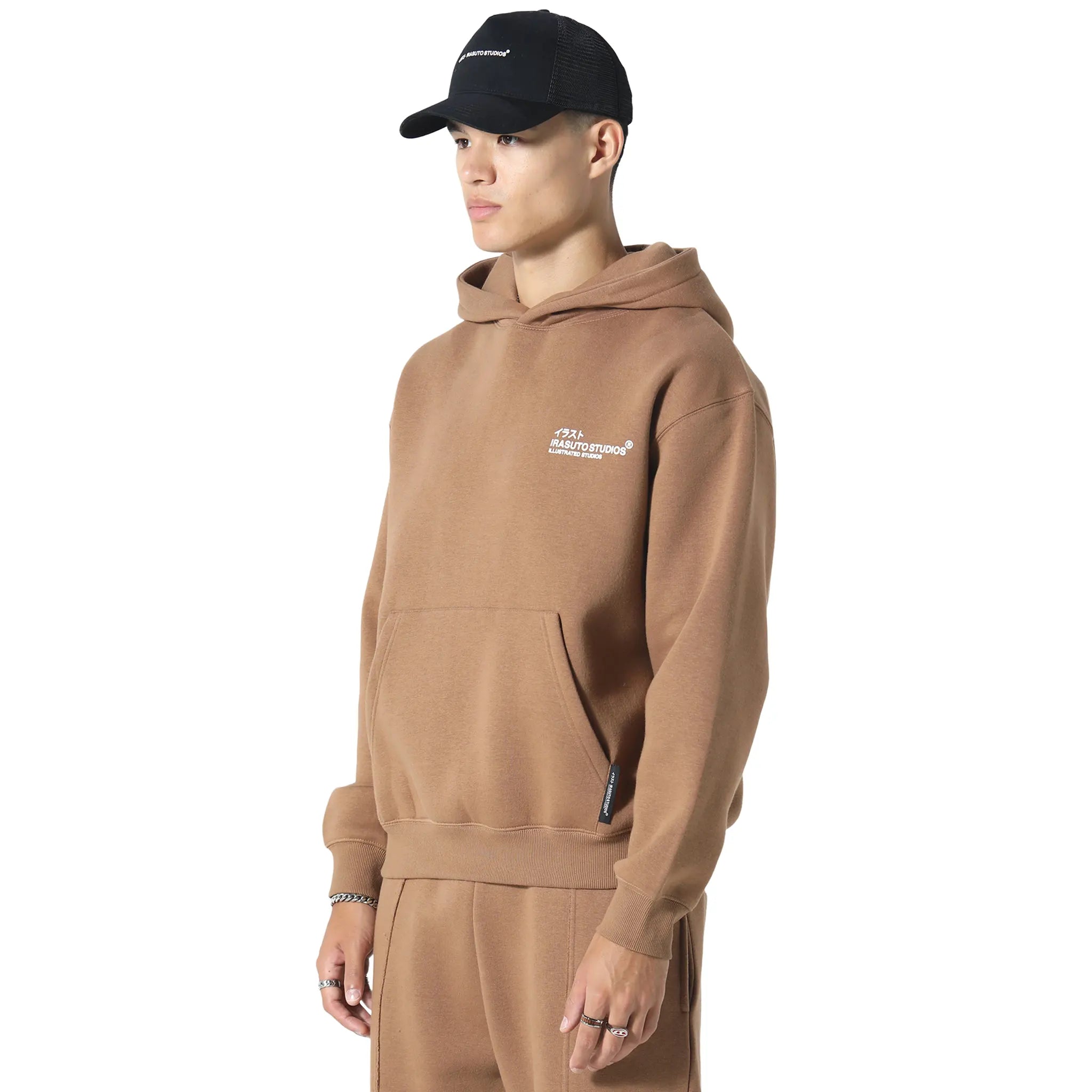 Front Side View of Irasuto Studios Crane Tobacco Hoodie 5060615209958